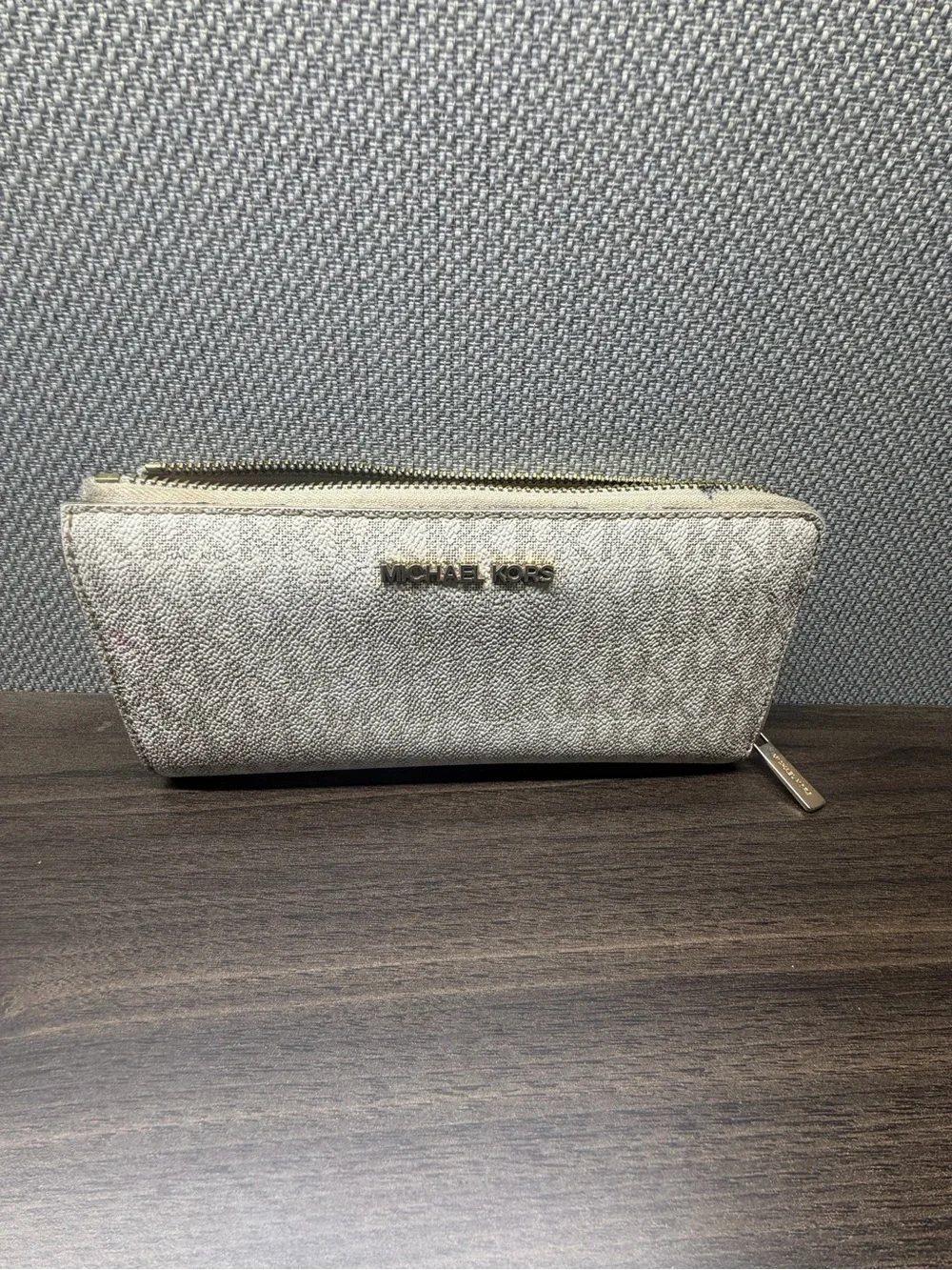 Michael Kors Metallic Silver Logo Zip Cosmetic Pouch